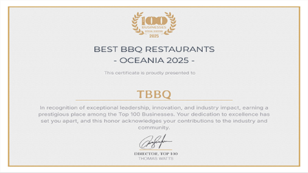 Top 100 BBQ certificate awarded to TBBQ